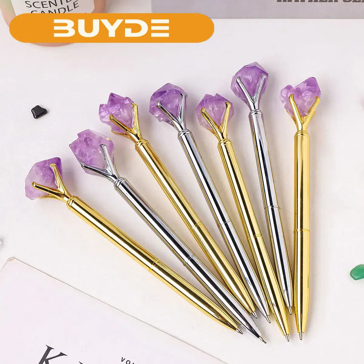 1PC Natural Healing Amethyst Crystal Original Raw Stone Cylindrical Pen Ballpoint Pen Student Stationery Office Business Gifts