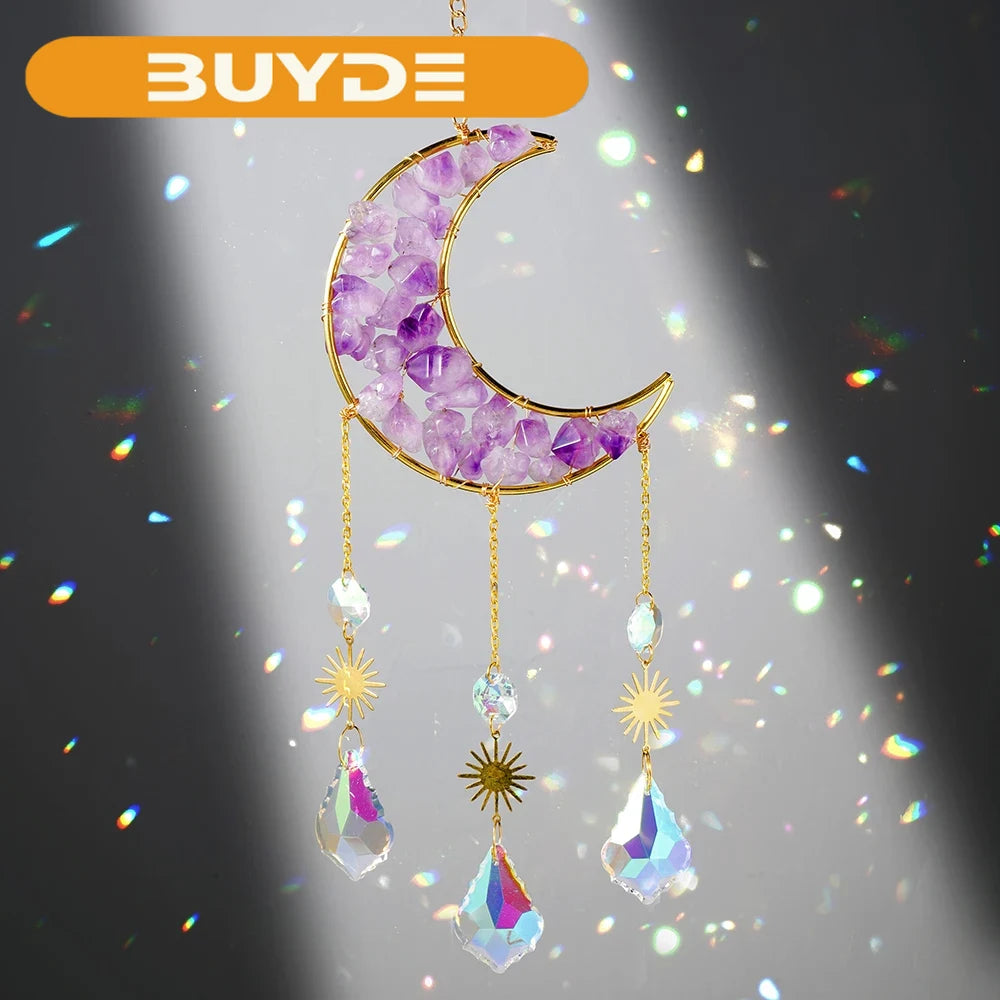 Natural Crystal Stones Handmade Amethyst Gemstones Gravels Sun Catcher Moon Pendant Hanging Ornament  For Lighting Decoration