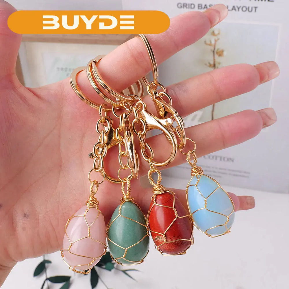 1PC Natural Gem Stone Keychains Clear Quartz Mini Egg Amethyst Key Chain For DIY Car Key Rings Chains