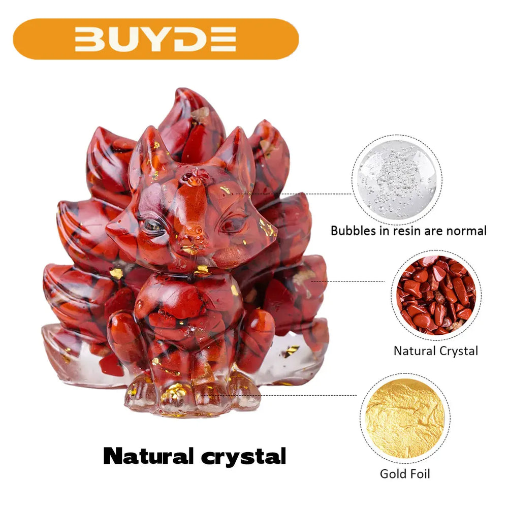 1PC Natural Crystal Gravel Jiuwei Fox Statue Dropper Resin Reiki Stone Divination Fengshui Sculpture Room Home Decoration