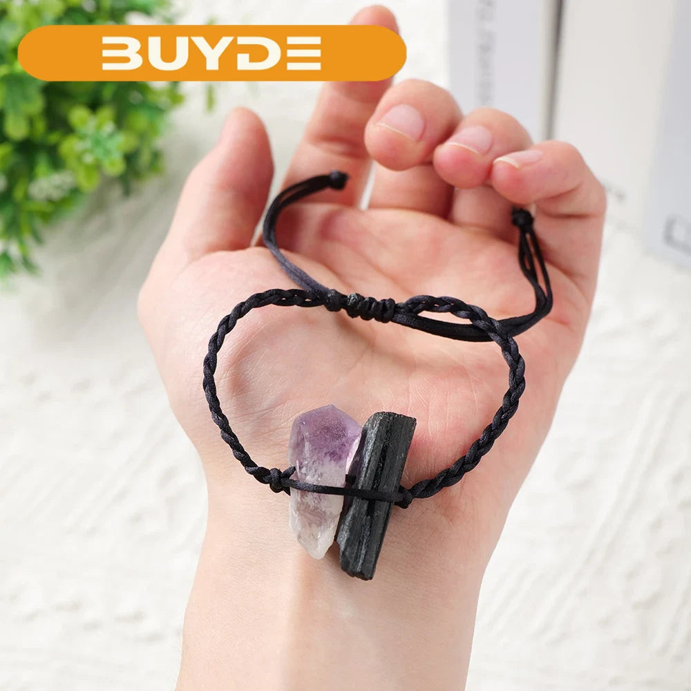 Natural Gemstone Bracelet Irregular Hand Woven Energy Amethyst Jet Stone Crystal Bangles Quartz Wristband For Women