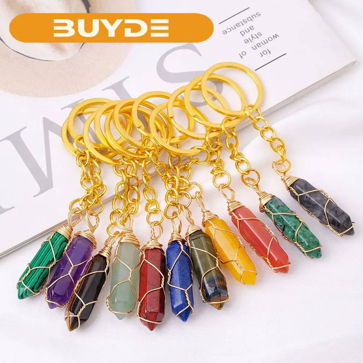 1PC Natural Gem Stone Keychains Clear Quartz  Double Point Amethyst Key Chain For DIY Car Key Rings Chains