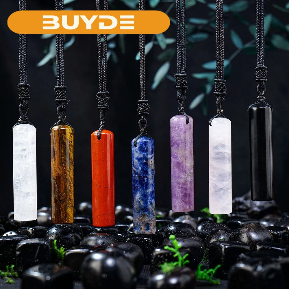 Natural Healing Crystal Cylinder Pendant Necklace for Women Men, Wand Amulet Reiki Stone Adjustable Braided Cord