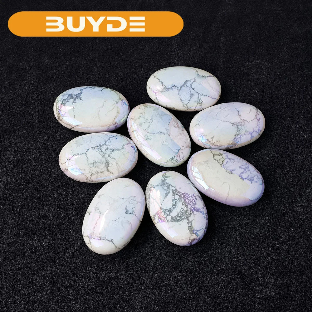 1PC Natural Angel Color Aura Rainbow Reiki Healing Oval Pocket Palm Worry Stone Polished White Howlite Turquoise Massage Stone