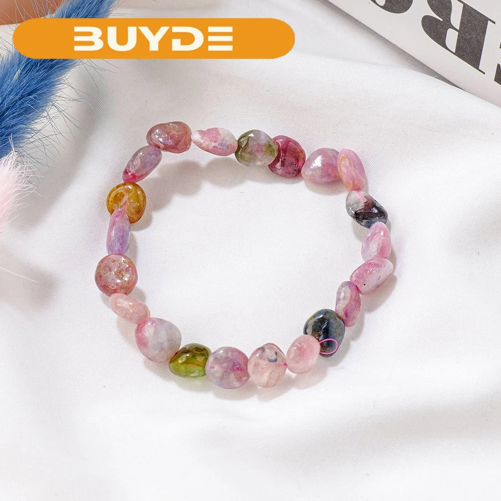 1PC Natural Gemstons Colored tourmaline Crystal Tumble Stone Bracelet Women Fashion Sweet Reiki Healing Energy Strand Bangles