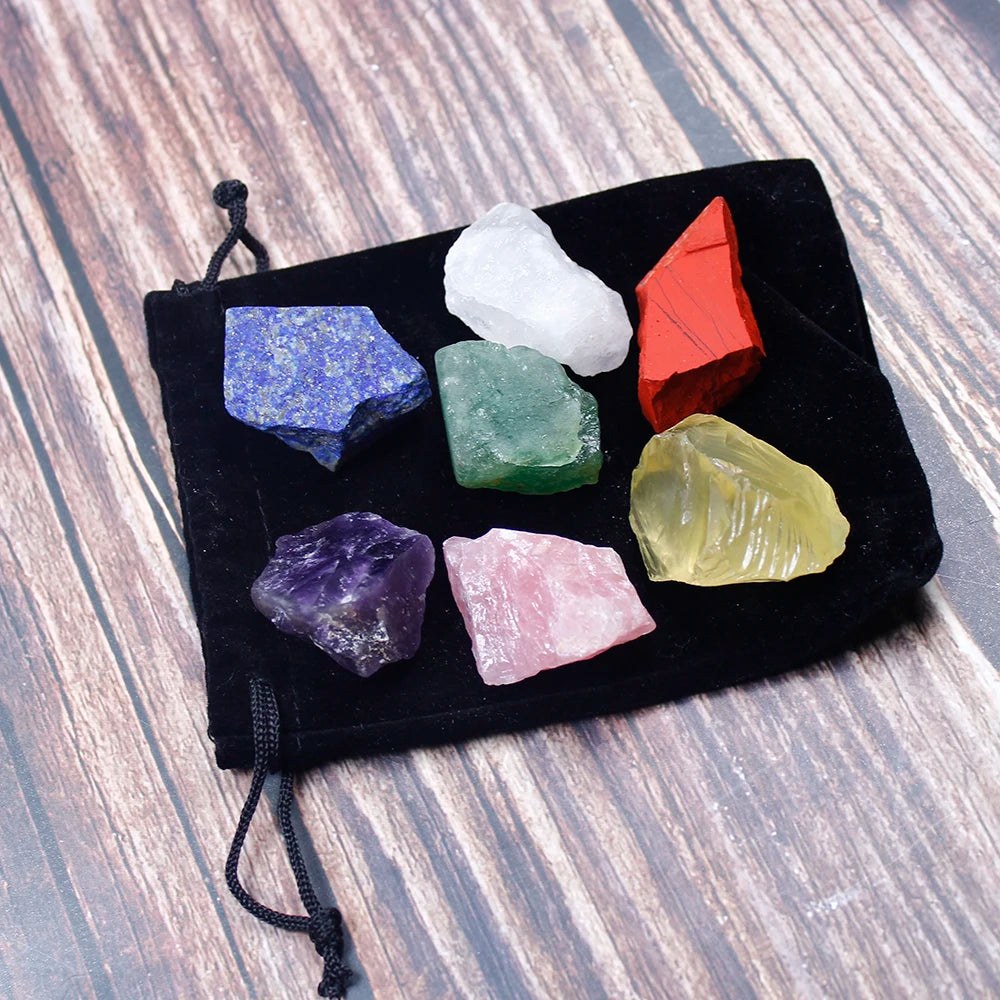 1 set Natural crystal stone seven chakras Black cloth bag large grain unpolished collection gift