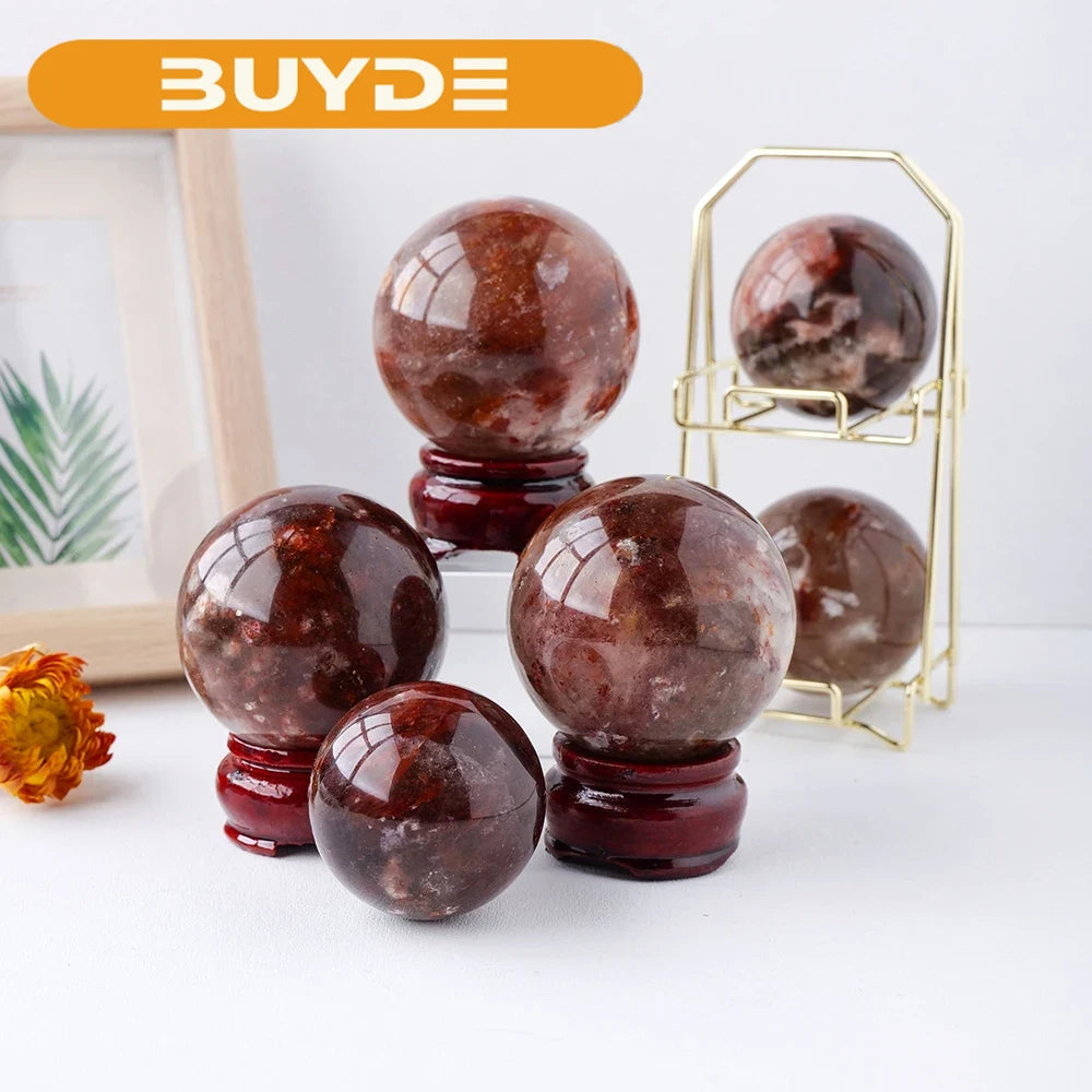 Natural Stone Red Glue Flower Crystal Ball Healing Sphere Collection Specimen FengShui Home Decor