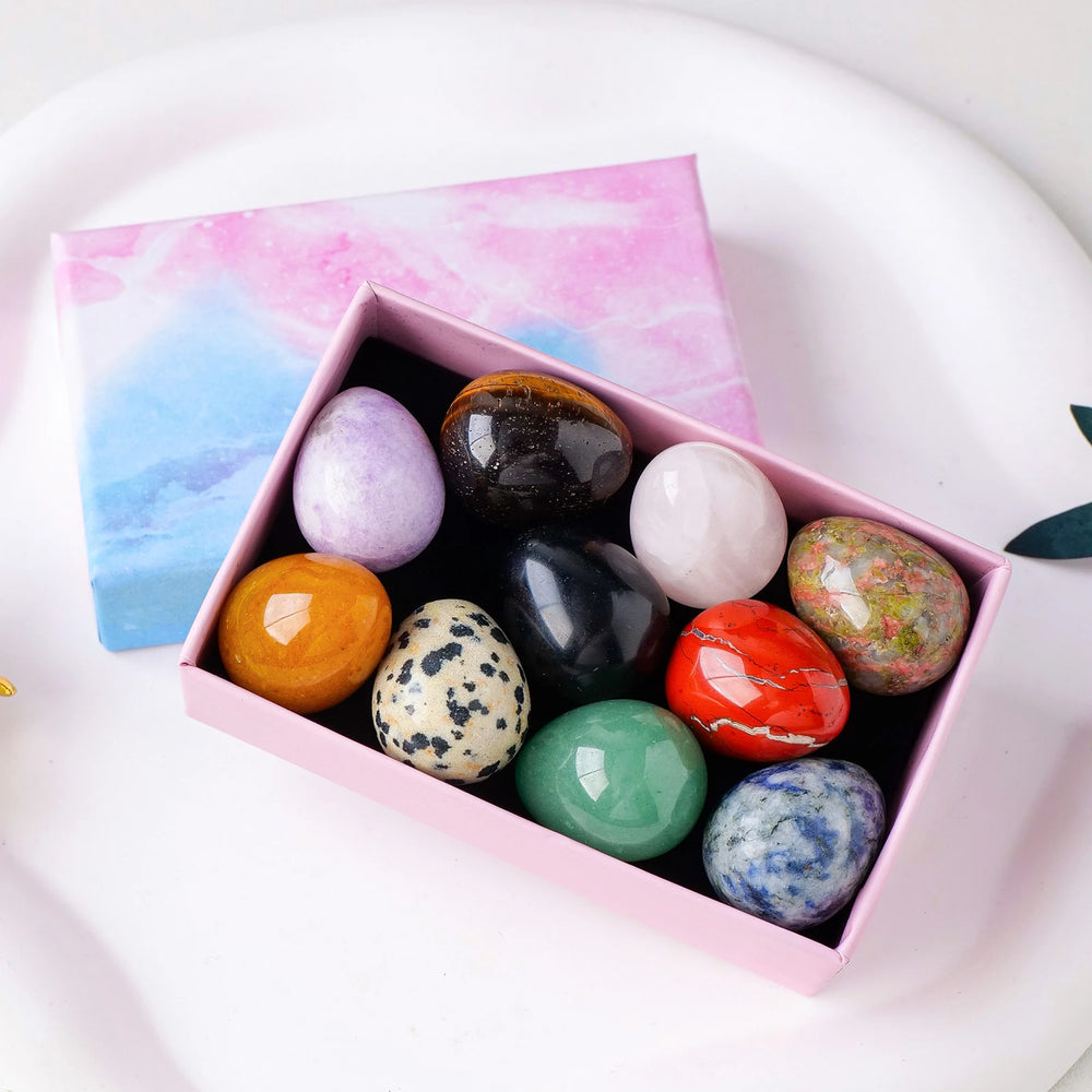 10PCS Natural Crystal Mini Egg Box Crystal Raw Stone Jade Easter Egg Set Christmas Decorative Gift Box