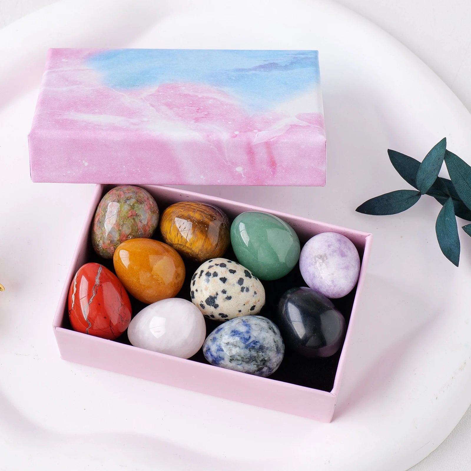 10PCS Natural Crystal Mini Egg Box Crystal Raw Stone Jade Easter Egg Set Christmas Decorative Gift Box