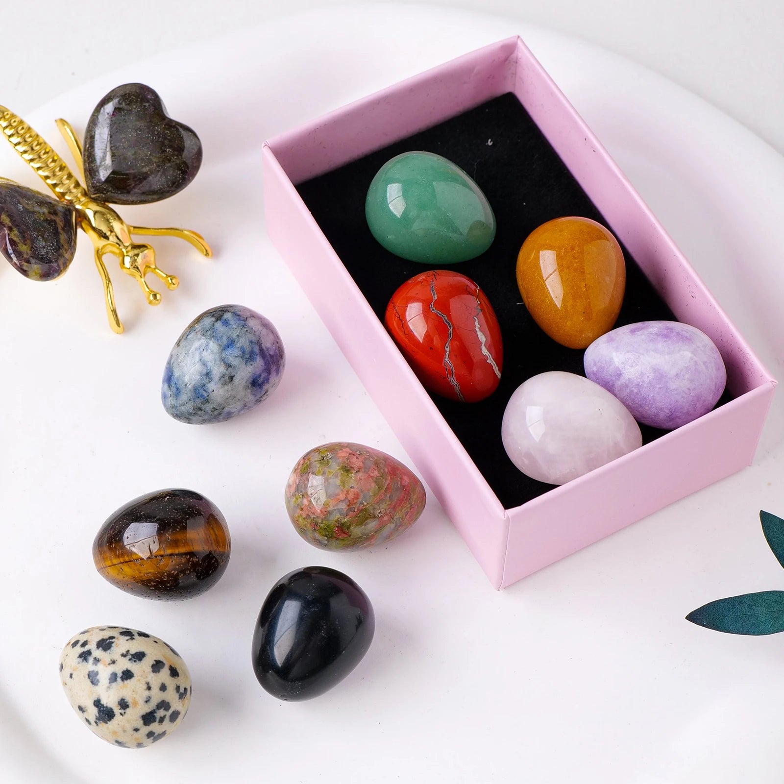 10PCS Natural Crystal Mini Egg Box Crystal Raw Stone Jade Easter Egg Set Christmas Decorative Gift Box