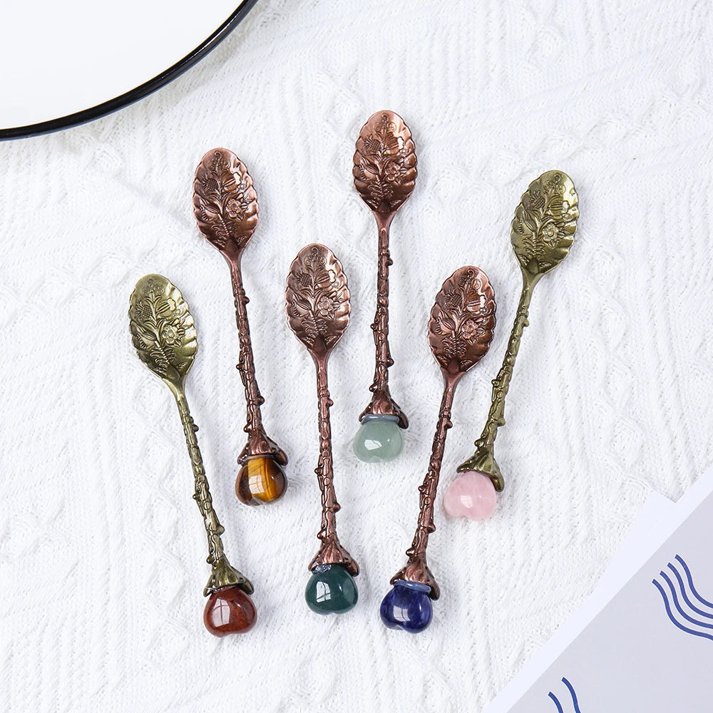 10pc/set Candy Spoon Set Natural Amethyst Heart Teaspoon Health Gem Decorated Aura Crystal Gift