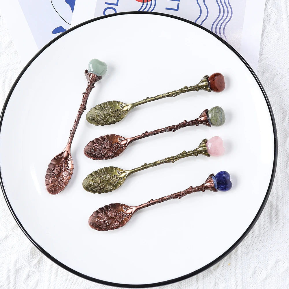 10pc/set Candy Spoon Set Natural Amethyst Heart Teaspoon Health Gem Decorated Aura Crystal Gift