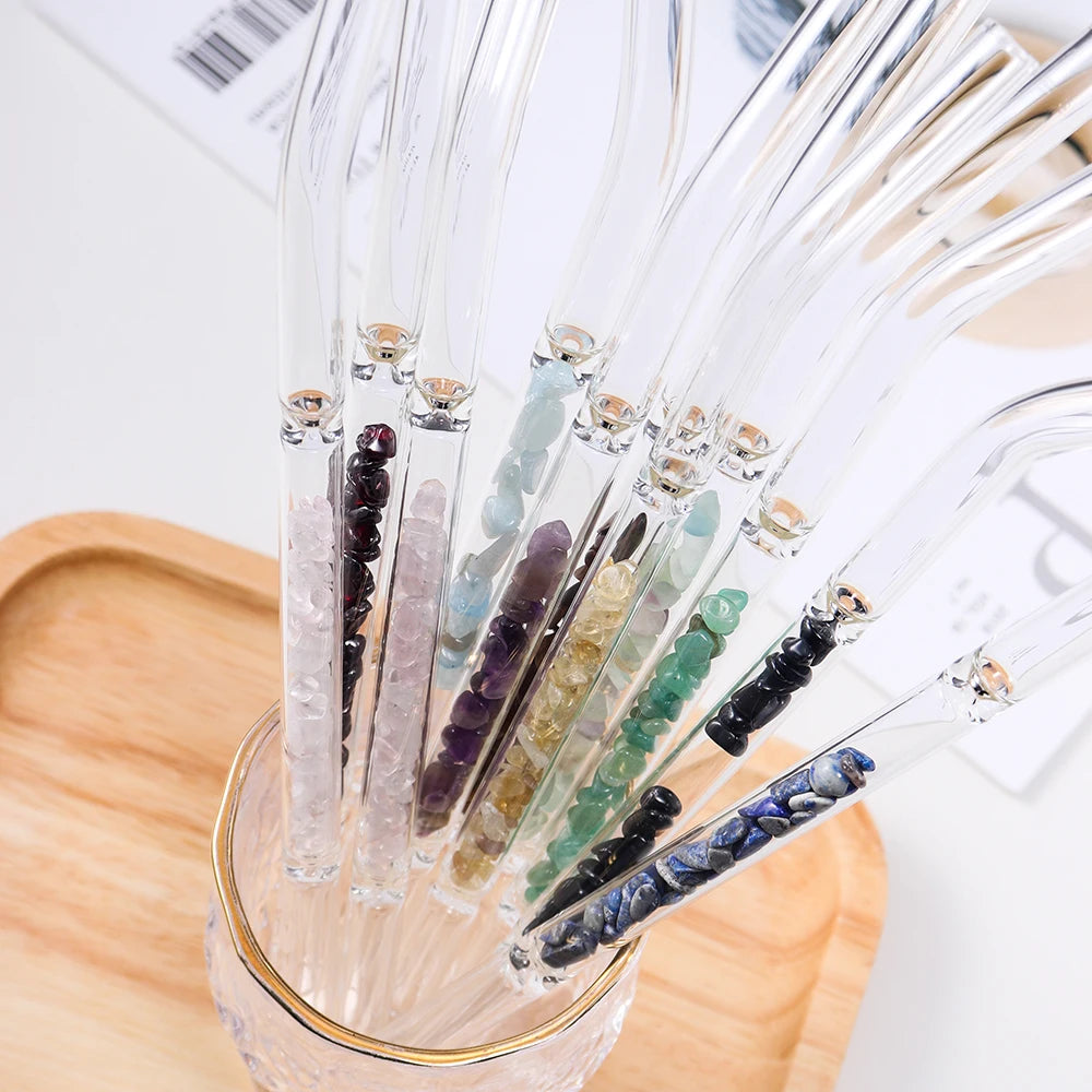 10pcs/set Natural Crystal Gravel Glass Pipette Amethyst Energy Health Drink Straw Decoration of Family Drinking Utensils