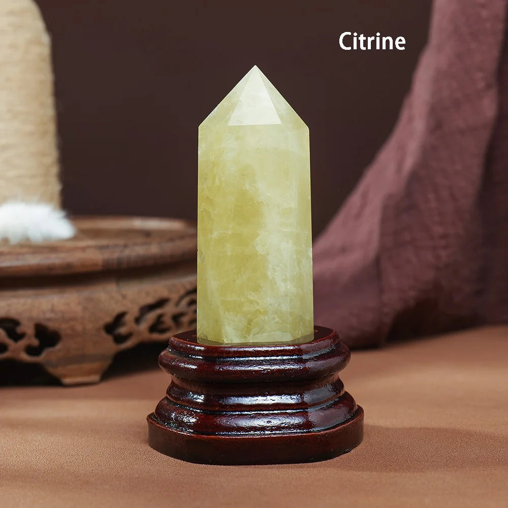 10x3CM Natural Crystal Point Magic Wand Amethyst Rose Quartz Crystal Hexagonal Column Ornaments With Wooden Base