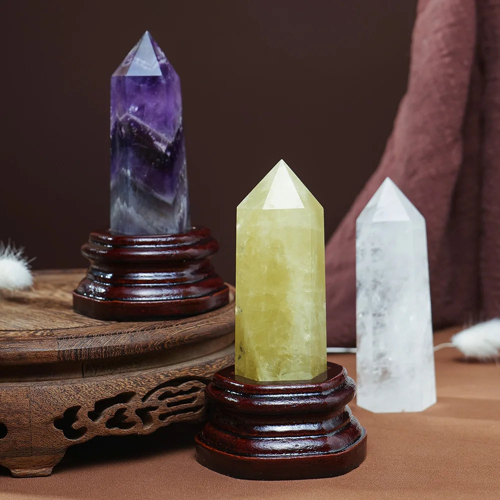 10x3CM Natural Crystal Point Magic Wand Amethyst Rose Quartz Crystal Hexagonal Column Ornaments With Wooden Base