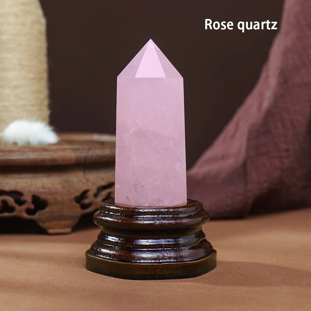 10x3CM Natural Crystal Point Magic Wand Amethyst Rose Quartz Crystal Hexagonal Column Ornaments With Wooden Base