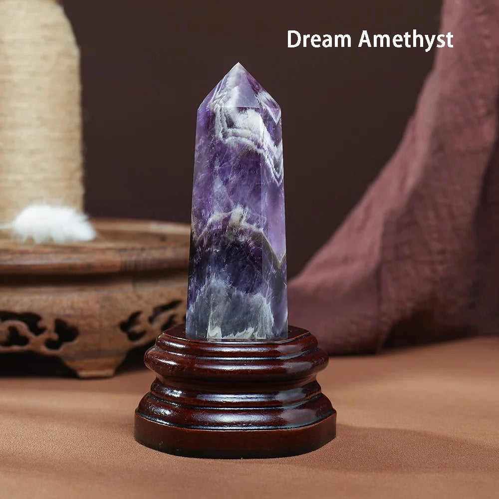 10x3CM Natural Crystal Point Magic Wand Amethyst Rose Quartz Crystal Hexagonal Column Ornaments With Wooden Base