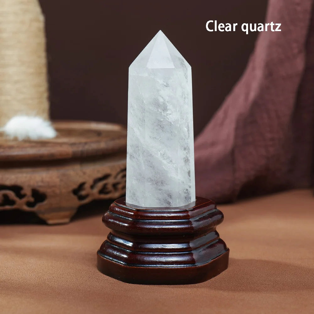 10x3CM Natural Crystal Point Magic Wand Amethyst Rose Quartz Crystal Hexagonal Column Ornaments With Wooden Base