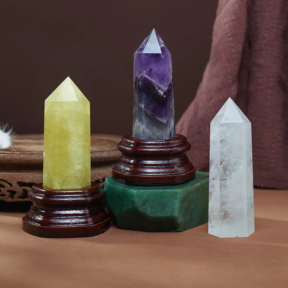 10x3CM Natural Crystal Point Magic Wand Amethyst Rose Quartz Crystal Hexagonal Column Ornaments With Wooden Base