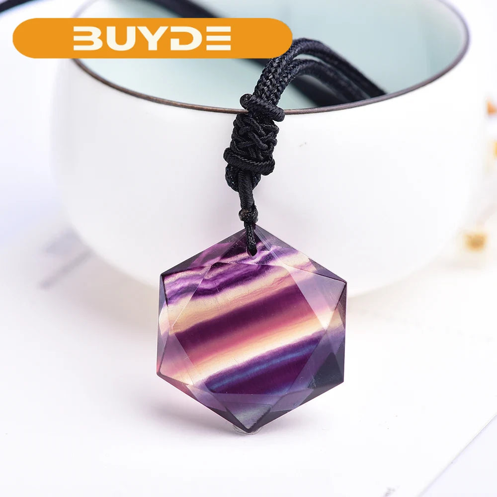 Exquisite gifts Natural Rainbow Fluorite Crystal stripe fluorite hexagram Star Pendant Fashion Necklace