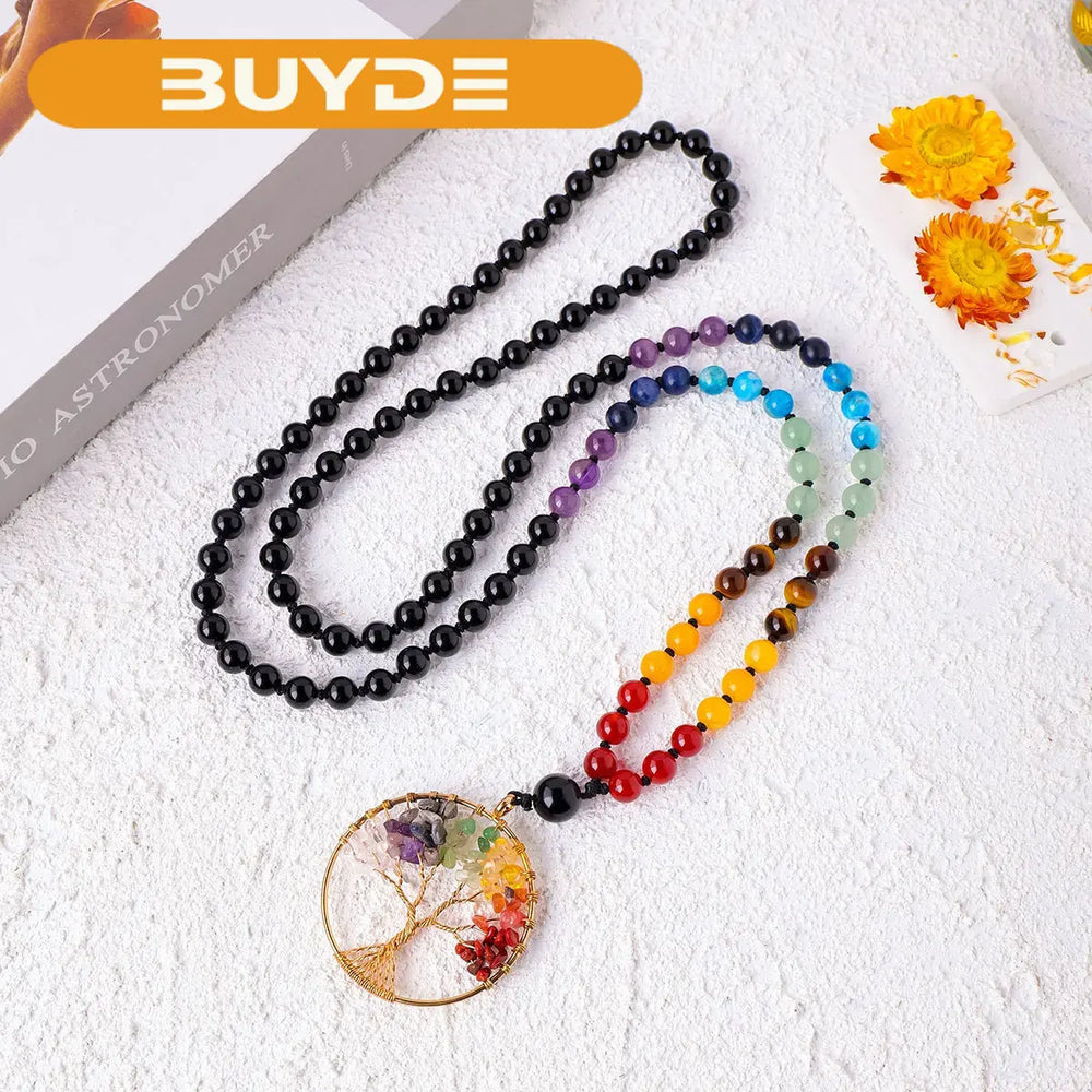 1pc Natural Crystal Pendant Tree Of Life Necklace 108 Crystal Holiday Style Gem Jewelry Sweater Chain Energy Colorful Women Gift