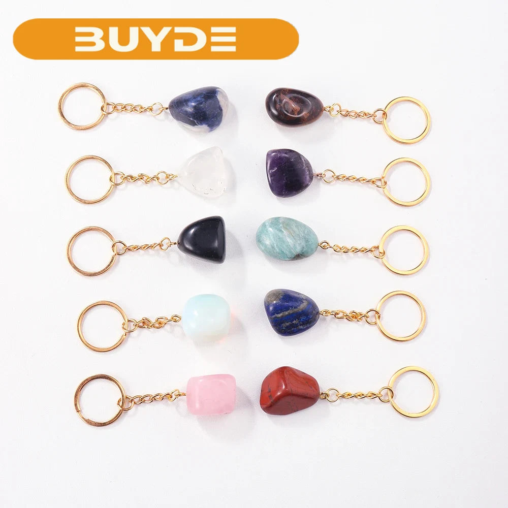 Natural Rough Stone Healing Crystal Golden Chain Keychains Amethyst Rose Quartz Pendant Gemstone KeyRing Charm for Women