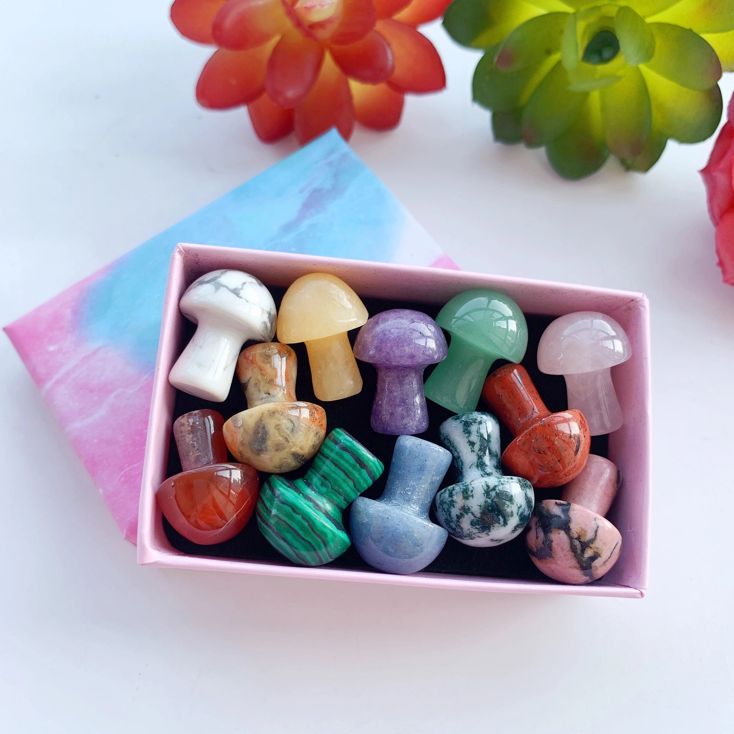 12PC Natural Crystal Mini Mushroom Gift Box Energy Quartz Gem Decorative Mineral Collection Gift