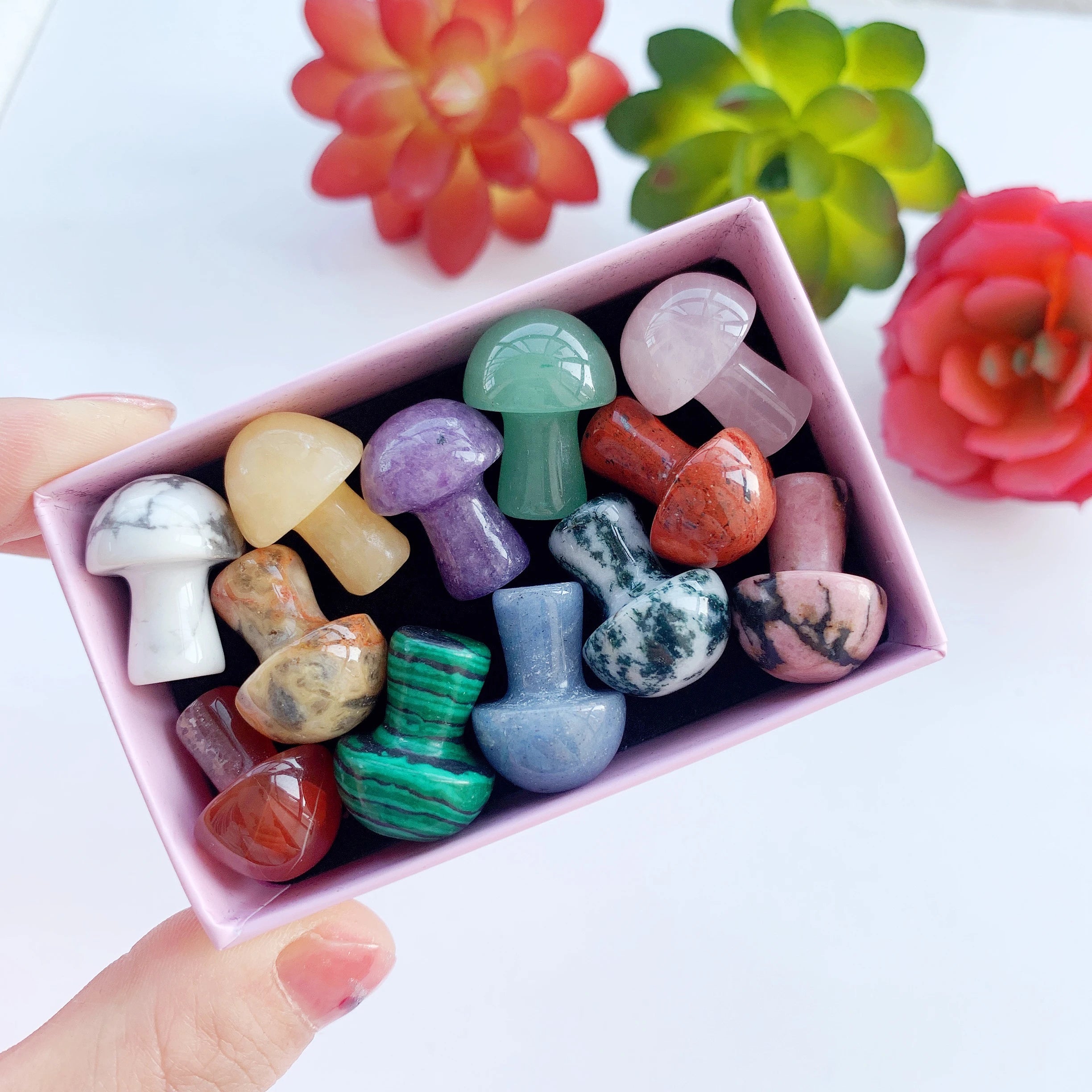 12PC Natural Crystal Mini Mushroom Gift Box Energy Quartz Gem Decorative Mineral Collection Gift