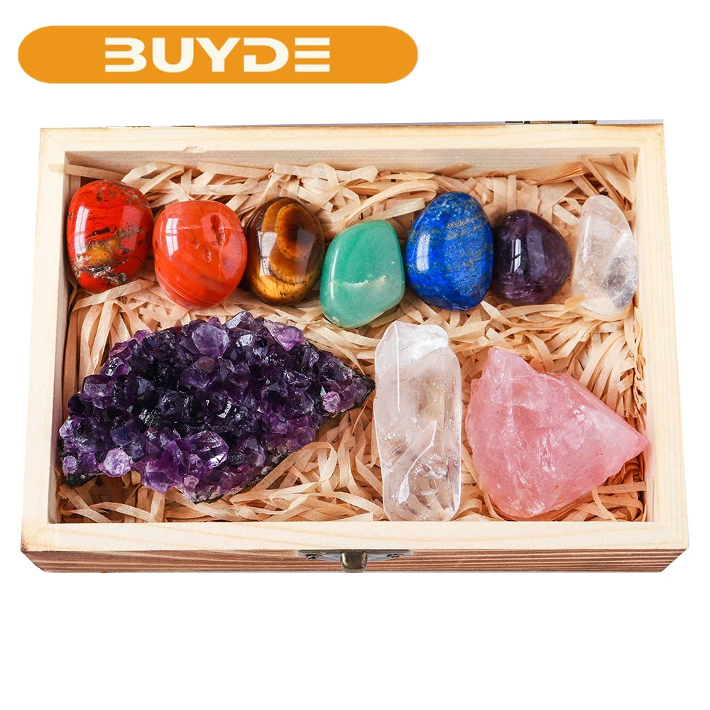 Drop shipping Natural Crystal 7 chakras Treatment Stone Amethyst cluster Collect Ore mark With Wooden Box