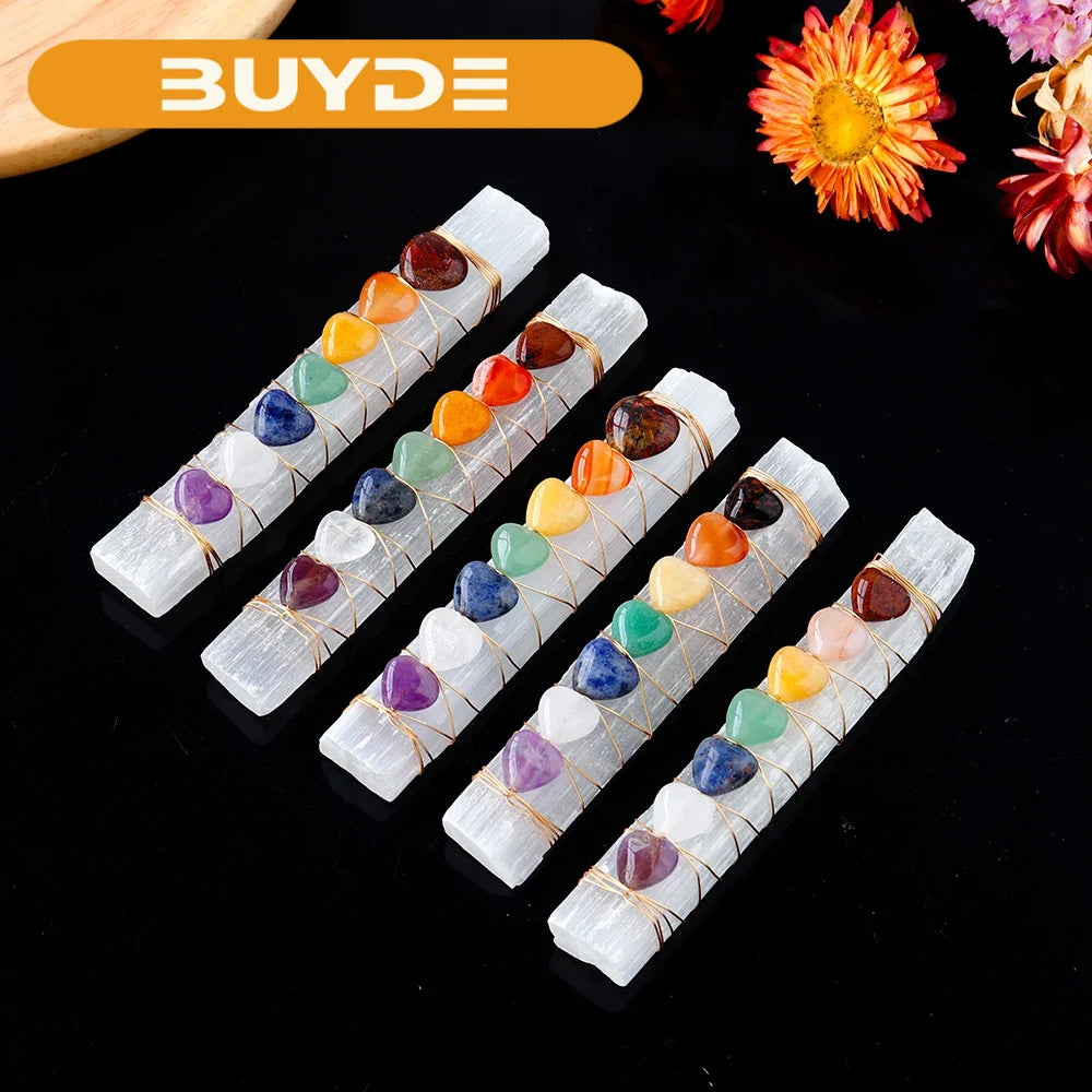 Natural Crystal Crafts Seven Chakras Heart Beads Wire Wrapped Selenite Stick Healing Gemstones Gifts