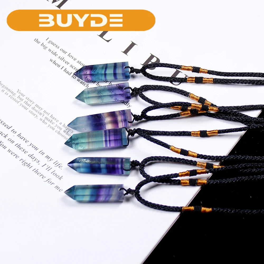 1pc Natural Crystal Rainbow Fluorite single point hexagonal prism Pendant Stripe crystal fluorite Necklace health energy stone