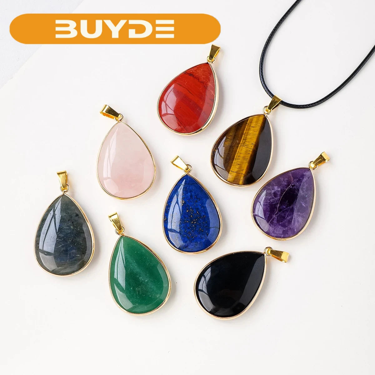 1PC Natural Crystal Drop Shape Pendant Rose Quartz Amethyst Necklace Men and Women Pendant Energy Healing Stone Gift