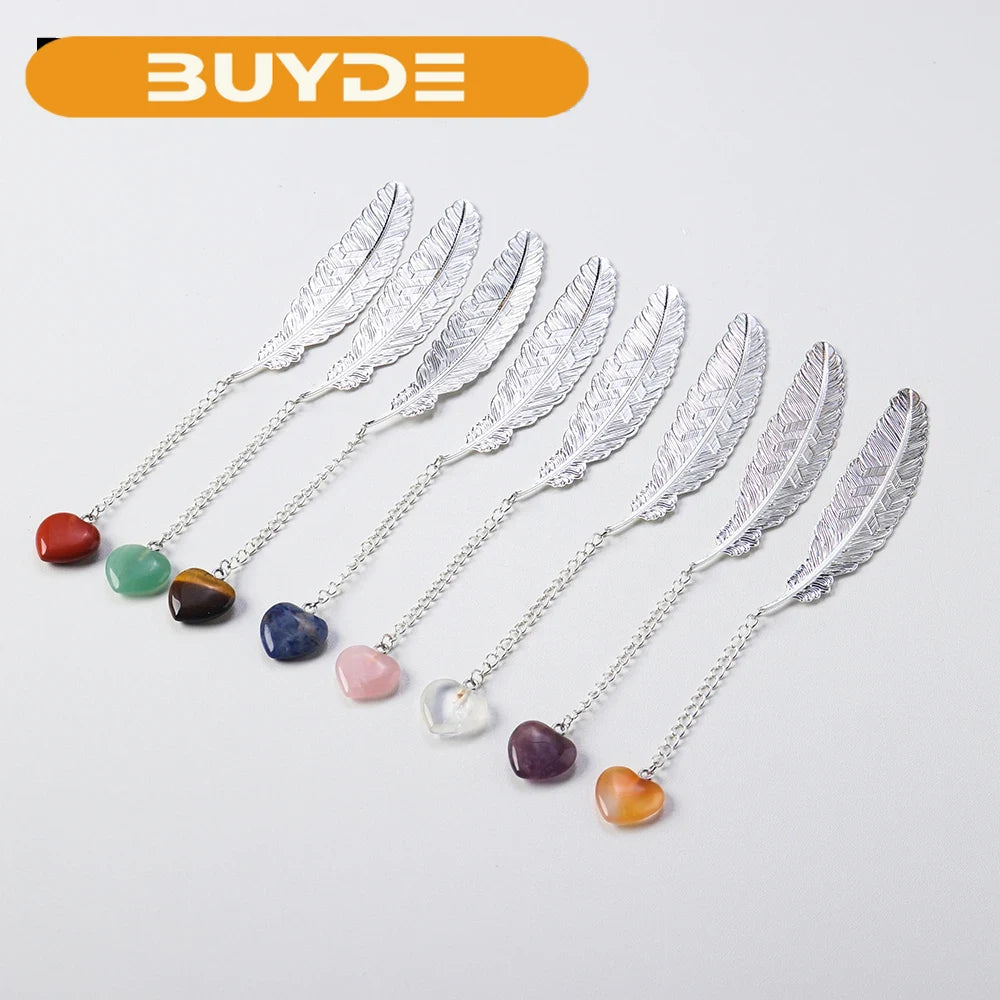 Stylish Natural Crystal Heart Feather Bookmark Pink Clear Quartz Creative Pendant Metal Bookmark Office Decor Stationery Gift