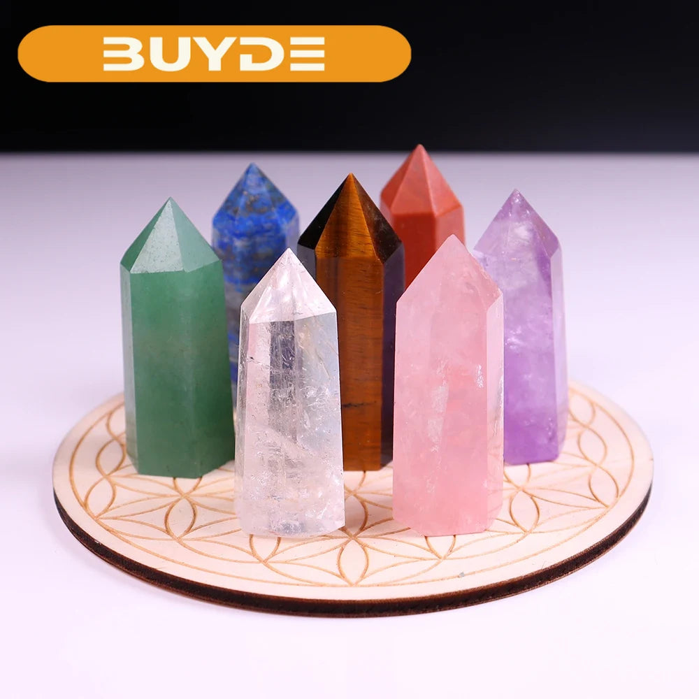 7pcs Natural crystal point stone seven Chakra magic wand Healing Stone with Wood base Mineral specimen collection gift box