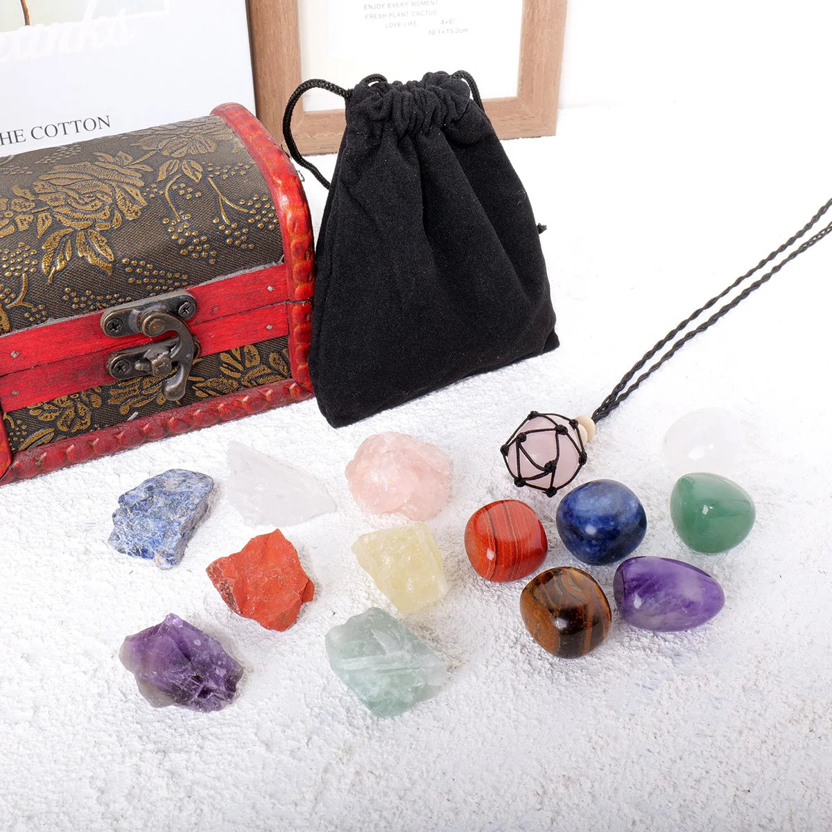 18pcs/set Hot Selling Chakra Stone Box Rolling Stone Pendant Crystal Healing Stone Energy Collection Treasure Box Set