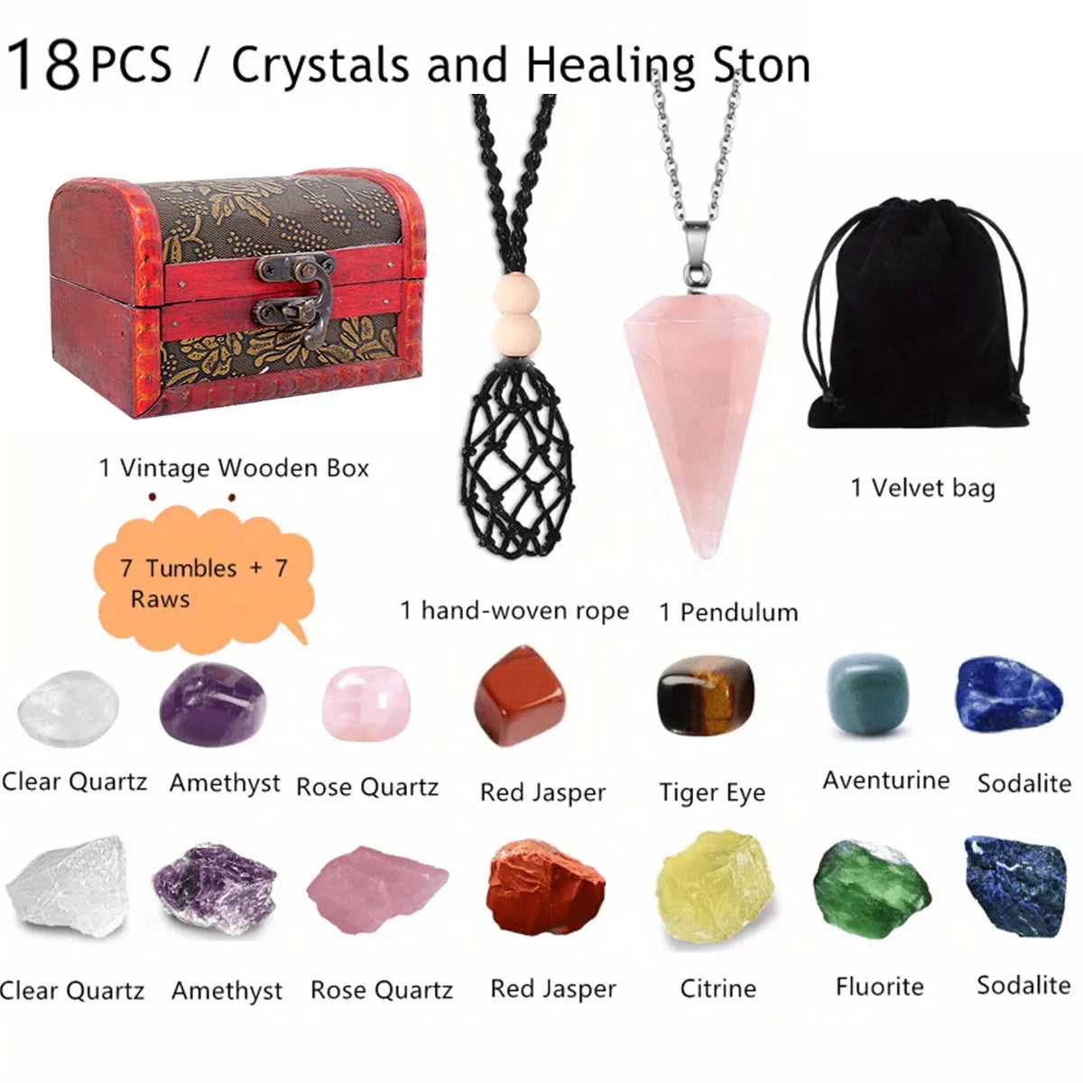 18pcs/set Hot Selling Chakra Stone Box Rolling Stone Pendant Crystal Healing Stone Energy Collection Treasure Box Set