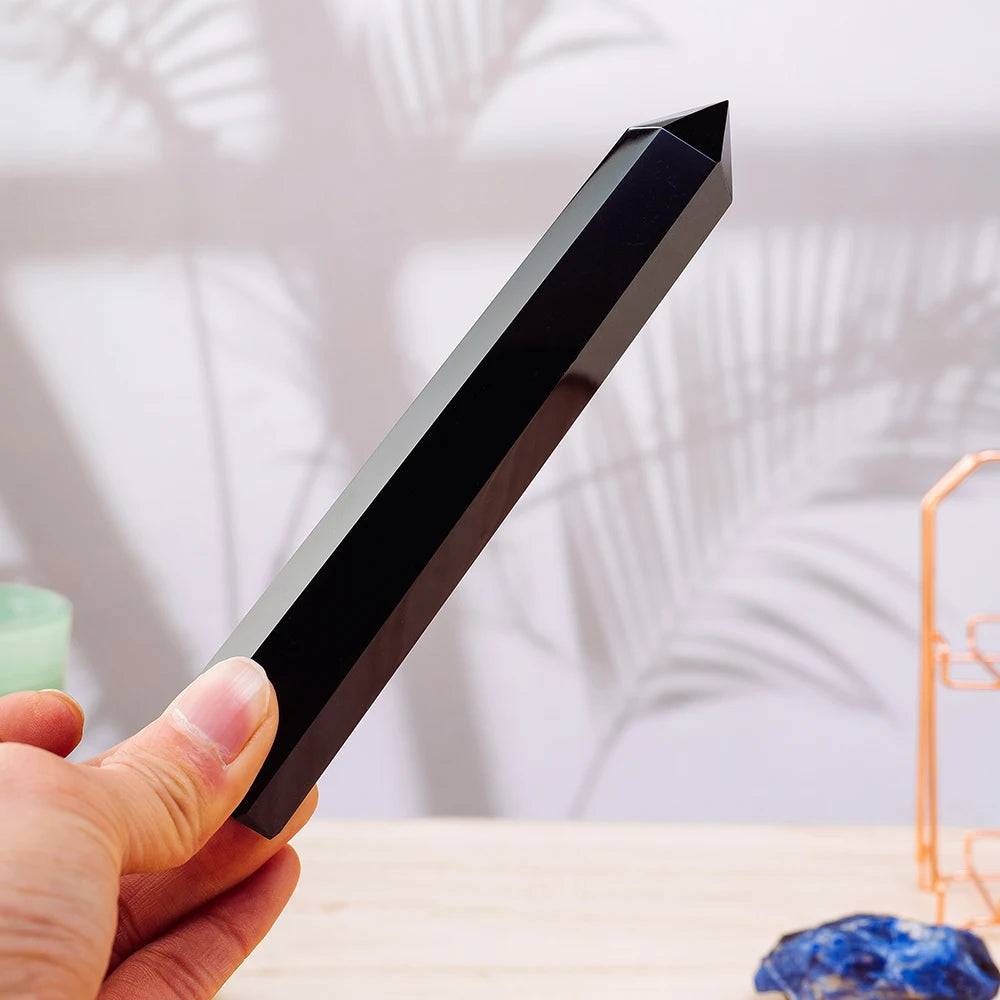 1PC 15-16cm Natural Black Quartz Obsidian Big Wand Crystal Point Energy Stone Gift For Home Decoration