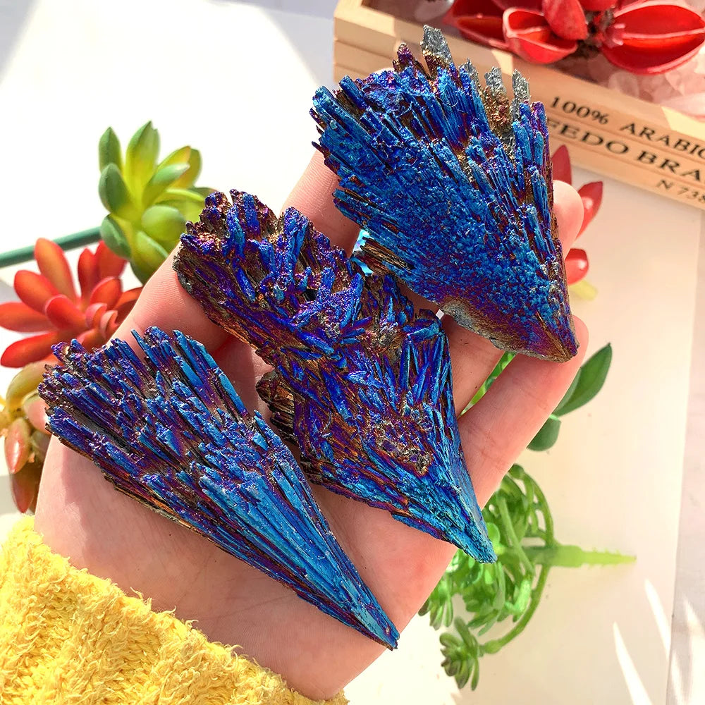 1PC Blue Feather Shaped Ore Natural Black Tourmaline Crystal stone marker Titanium Aura Quartz Gift Decor