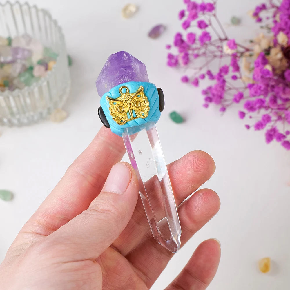 1PC Mini Size Crystal Wand Amethyts Flowers With Clear Quartz Single Point  Crystal Magic  Scepter Natural Stones