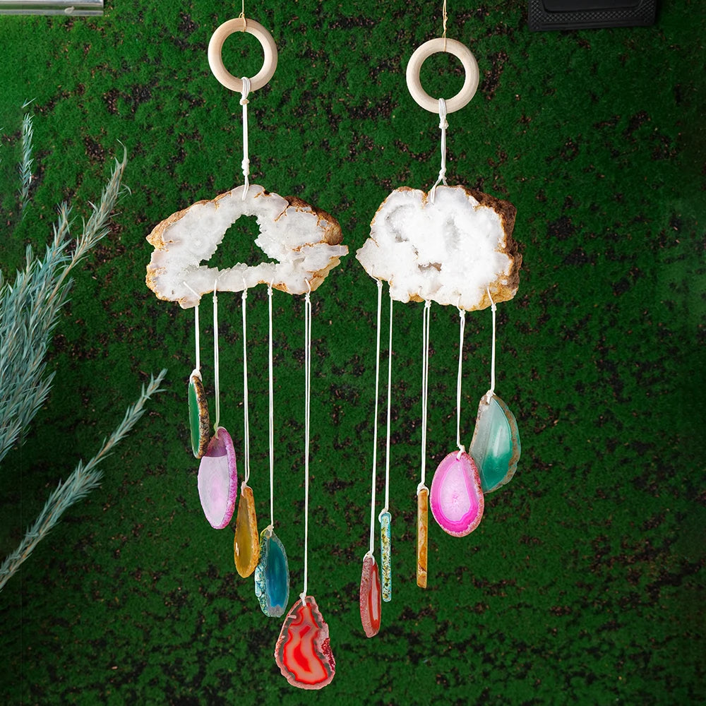 1PC Natural Agate Cluster Cloud Shape Clear Quartz Colorful Agate Slices DIY Wind Chime Pendant Wall Decoration