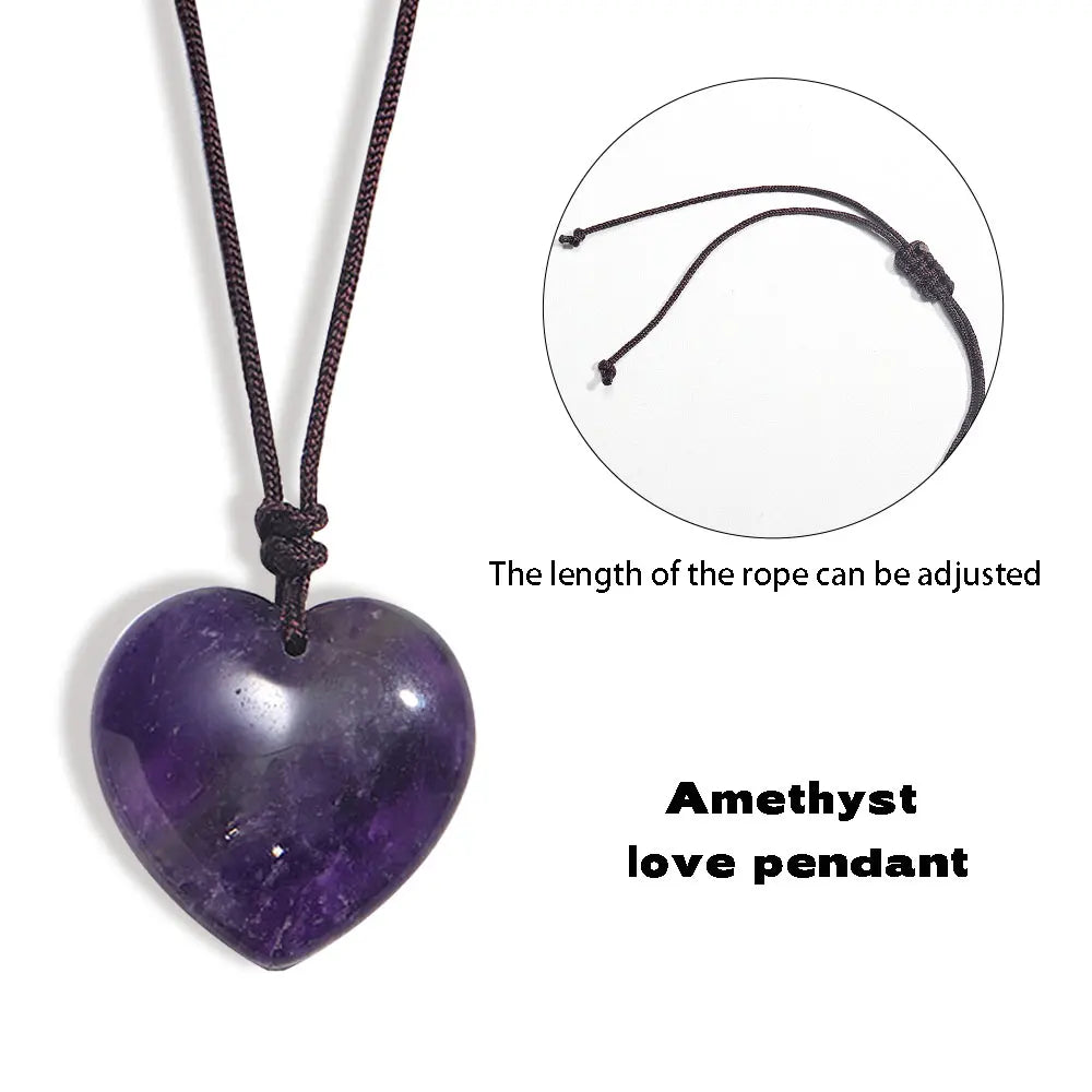 1PC Natural Amethyst Gemstone Heart Shape Pendant Love Shape Energy Necklace jewelry Reiki Beloved Female Mom Mother's Day