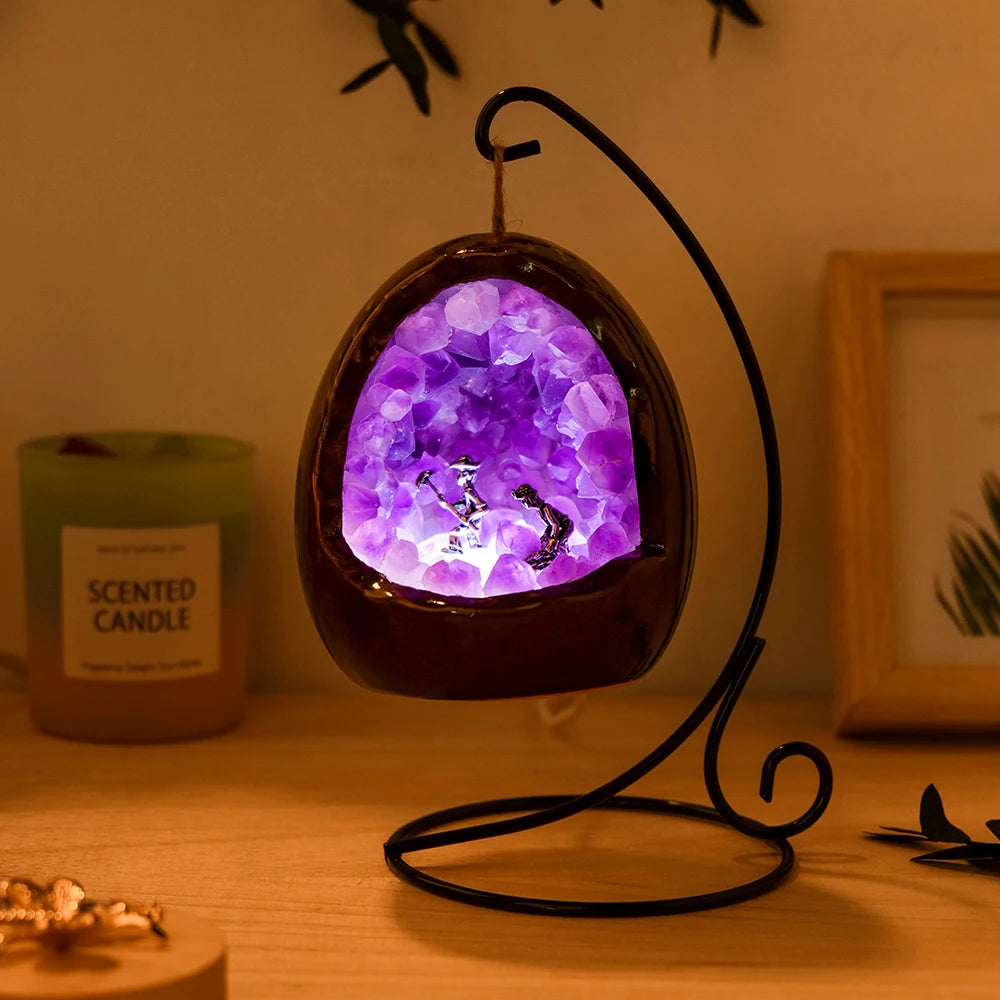 1PC Natural Amethyst Healing Stone Hand Carved Folk Crafts Dinosaur Egg Carving Mine Worker Crystal Lamp