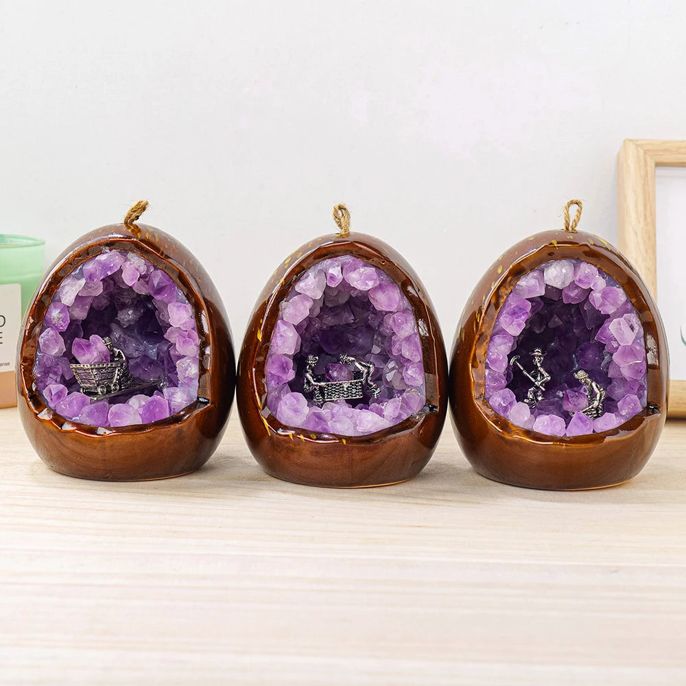 1PC Natural Amethyst Healing Stone Hand Carved Folk Crafts Dinosaur Egg Carving Mine Worker Crystal Lamp