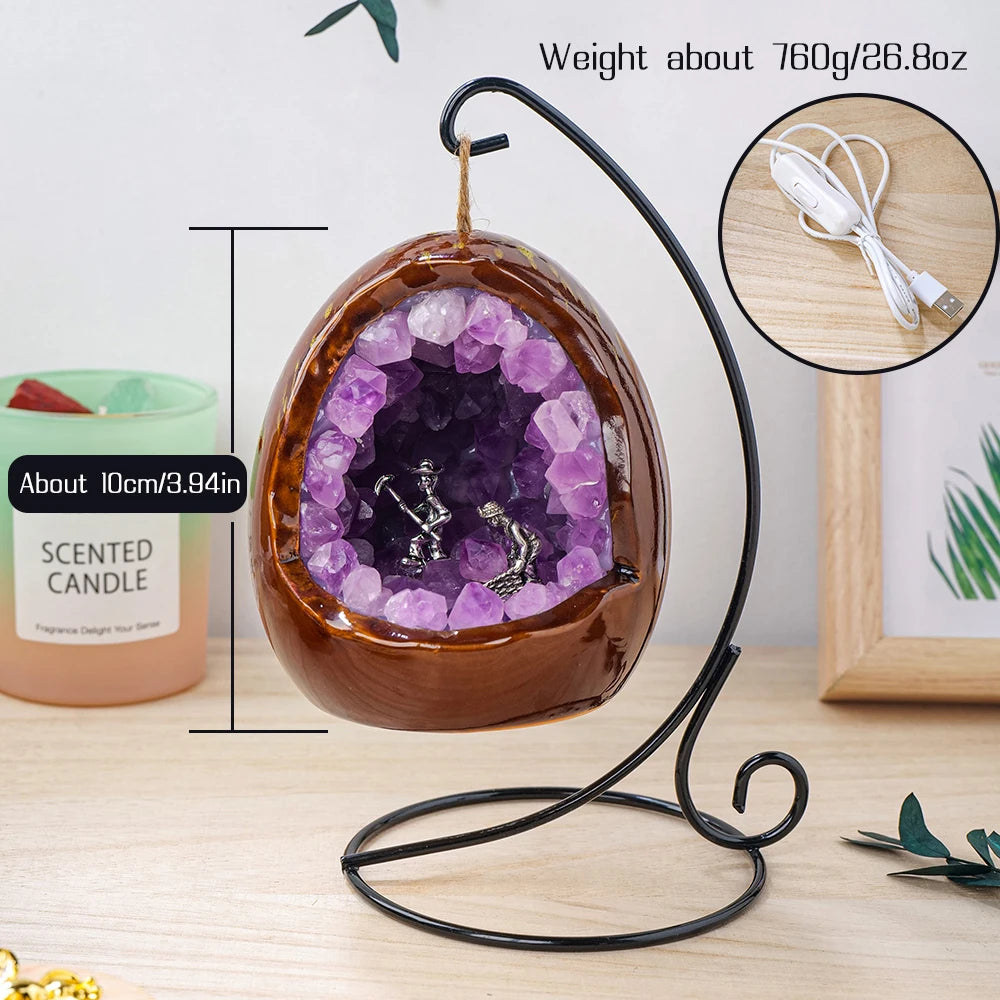 1PC Natural Amethyst Healing Stone Hand Carved Folk Crafts Dinosaur Egg Carving Mine Worker Crystal Lamp