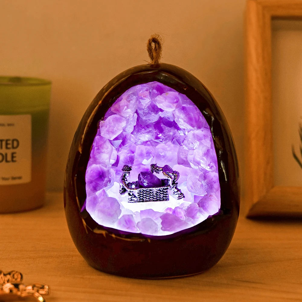 1PC Natural Amethyst Healing Stone Hand Carved Folk Crafts Dinosaur Egg Carving Mine Worker Crystal Lamp