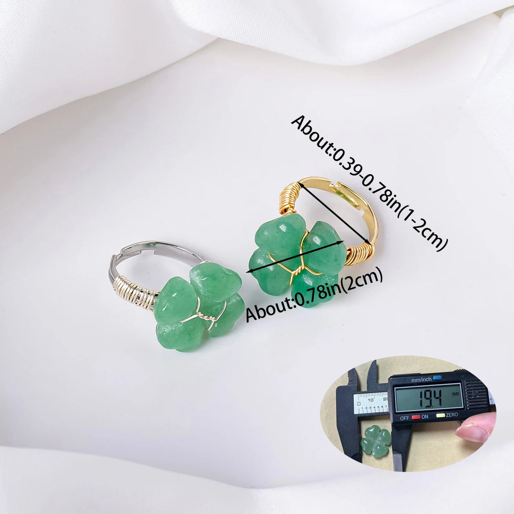 1PC Natural  Aventurine Quartz Clover Ring Bracelet Women's Jewelry Carving Ring Quartz Crystal Jewelry