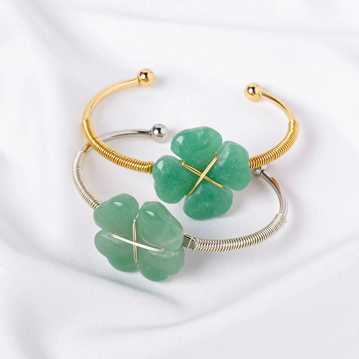 1PC Natural  Aventurine Quartz Clover Ring Bracelet Women's Jewelry Carving Ring Quartz Crystal Jewelry