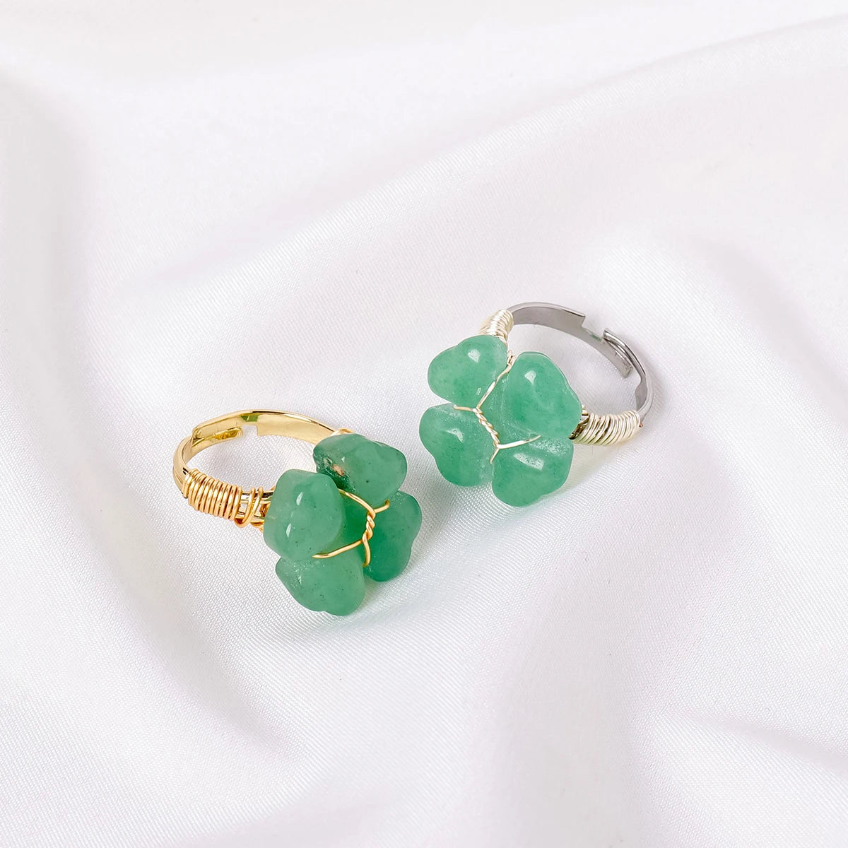 1PC Natural  Aventurine Quartz Clover Ring Bracelet Women's Jewelry Carving Ring Quartz Crystal Jewelry