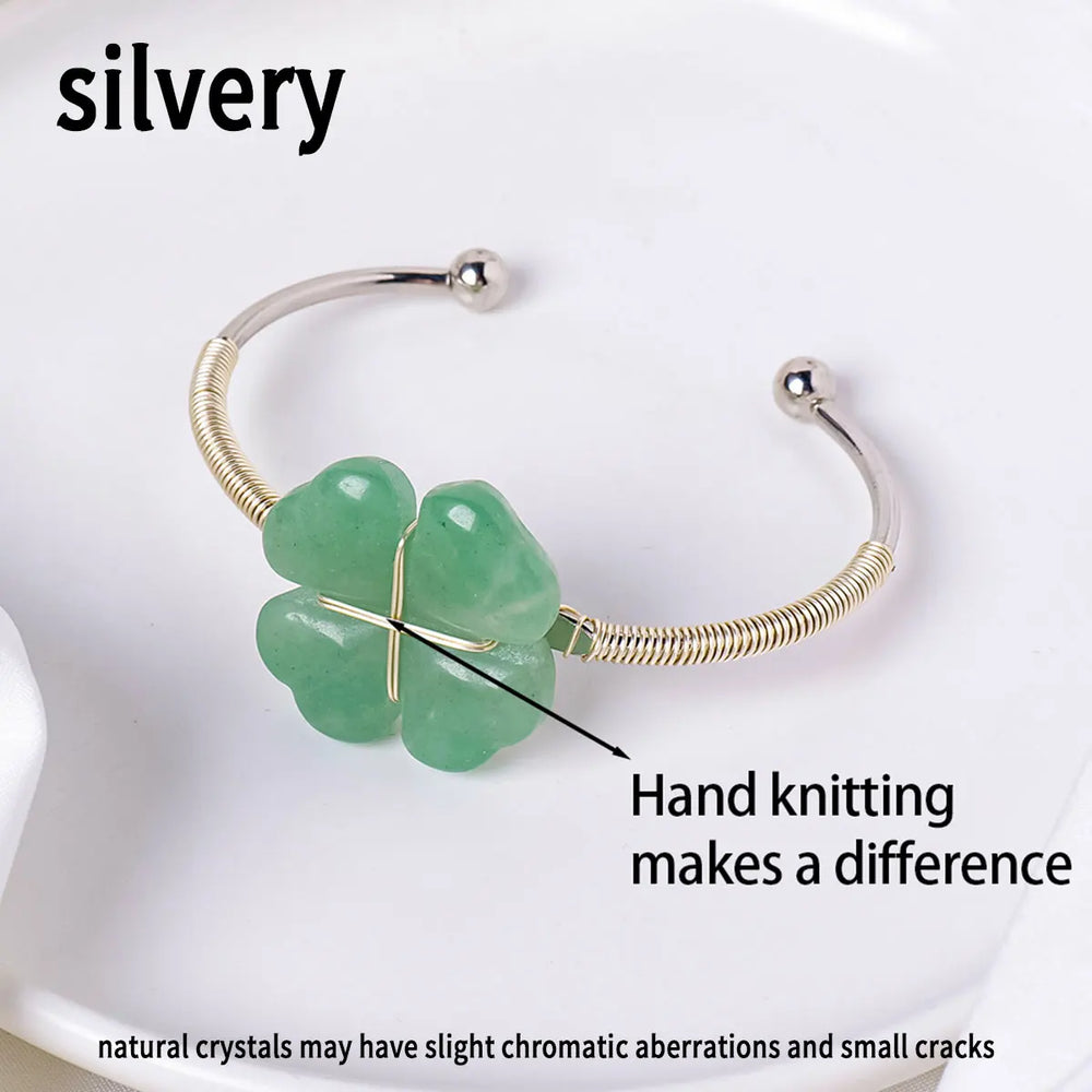 1PC Natural  Aventurine Quartz Clover Ring Bracelet Women's Jewelry Carving Ring Quartz Crystal Jewelry