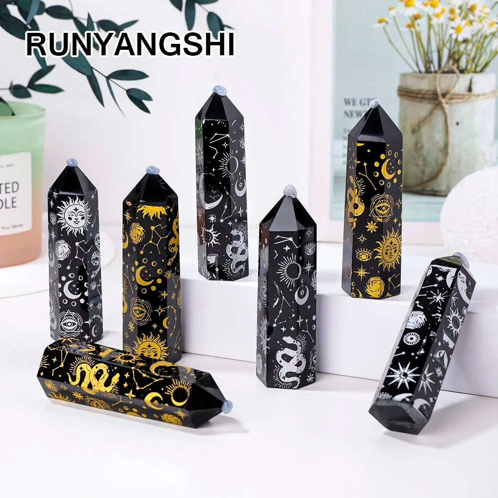 1PC Natural Black Obsidian Tower Chakra Point With Gold Star Moon Pattern Point Wand Healing Stone Energy Home Decor